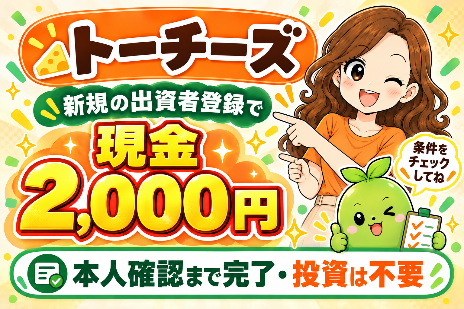 まめとえだまめくんが案内。トーチーズの新規出資者登録で現金2,000円。本人確認まで完了、投資不要。